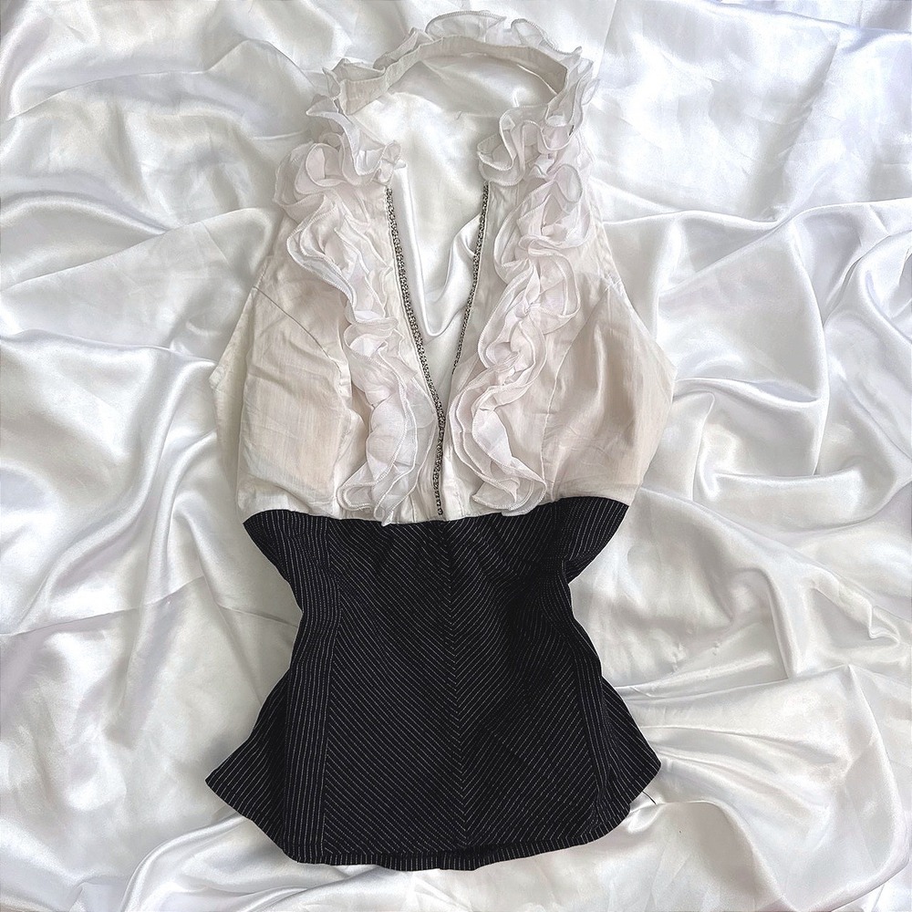 Body Central Ruffle Halter Top Rhinestone Pinstripe Corset Peplum White Black S